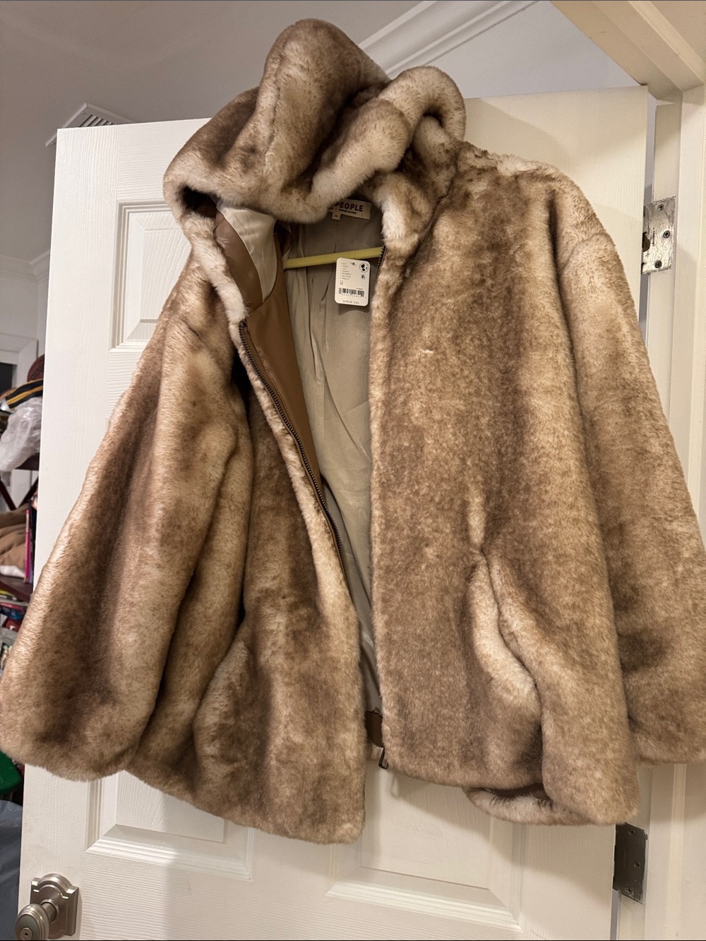 Free People Plush Faux Fur Hooded Coat in Light Brown